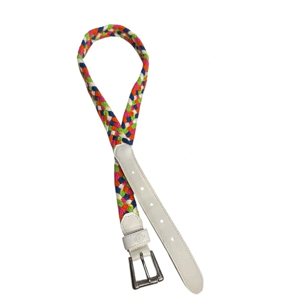 Vintage 1980s Liz Claiborne Braided Belt | Multicolor Cotton White Leather Trim